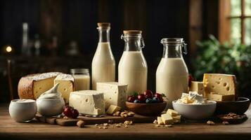 photo variety of dairy products on wooden table