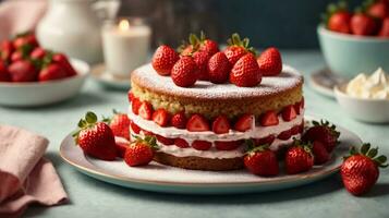 photo delicious and sweet cake with strawberries on a plate