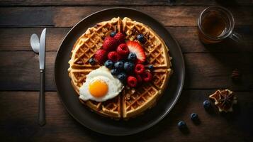 delicious waffle breakfast with berry fruit on wooden table photo