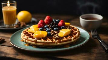 delicious waffle breakfast with berry fruit on wooden table photo