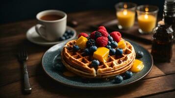 delicious waffle breakfast with berry fruit on wooden table photo