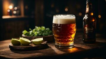 foto de vaso cerveza y meriendas con botella en fondo en bar