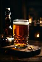 photo of glass beer and snacks  with bottle in backlground in bar