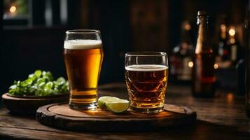 photo of glass beer and snacks  with bottle in backlground in bar