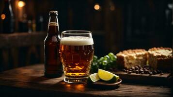 foto de vaso cerveza y meriendas con botella en fondo en bar