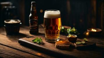 foto de vaso cerveza y meriendas con botella en fondo en bar