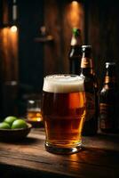 photo of glass beer and snacks  with bottle in backlground in bar