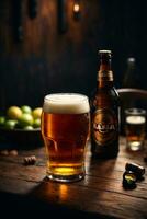 photo of glass beer and snacks  with bottle in backlground in bar