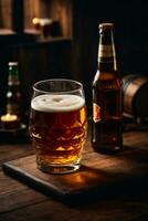 photo of glass beer and snacks  with bottle in backlground in bar