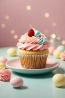 Delicious cupcakes on table on soft pastel background photo