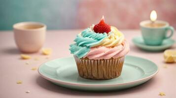 Delicious cupcakes on table on soft pastel background photo