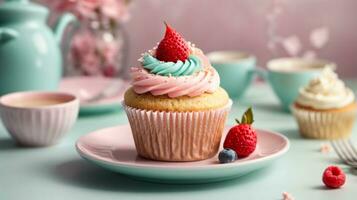 Delicious cupcakes on table on soft pastel background photo