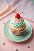 Delicious cupcakes on table on soft pastel background photo