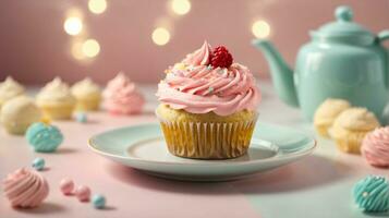 Delicious cupcakes on table on soft pastel background photo