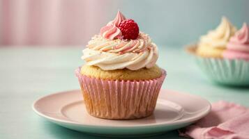 Delicious cupcakes on table on soft pastel background photo