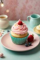 Delicious cupcakes on table on soft pastel background photo