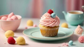 Delicious cupcakes on table on soft pastel background photo