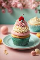 Delicious cupcakes on table on soft pastel background photo