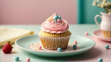 Delicious cupcakes on table on soft pastel background photo