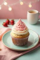 Delicious cupcakes on table on soft pastel background photo