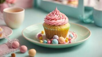 Delicious cupcakes on table on soft pastel background photo