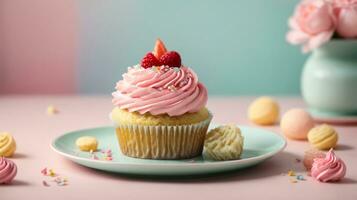 Delicious cupcakes on table on soft pastel background photo