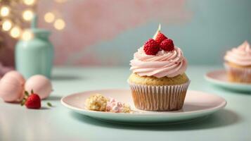 Delicious cupcakes on table on soft pastel background photo