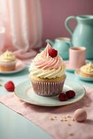 Delicious cupcakes on table on soft pastel background photo