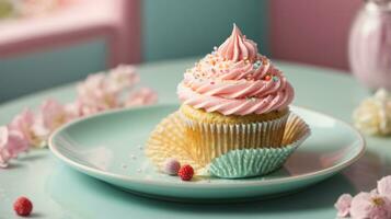 Delicious cupcakes on table on soft pastel background photo