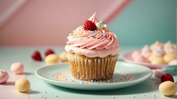 Delicious cupcakes on table on soft pastel background photo