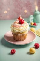 Delicious cupcakes on table on soft pastel background photo