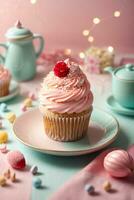 Delicious cupcakes on table on soft pastel background photo