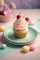 Delicious cupcakes on table on soft pastel background photo