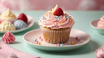 Delicious cupcakes on table on soft pastel background photo