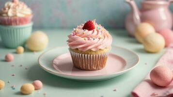 Delicious cupcakes on table on soft pastel background photo