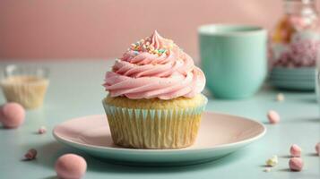 Delicious cupcakes on table on soft pastel background photo