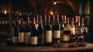 tasty wine arranged on table and the shelf in wine cellar background photo