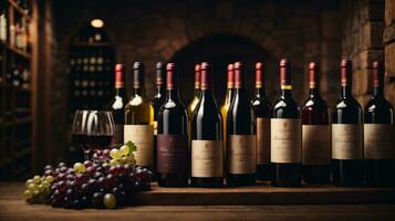 tasty wine arranged on table and the shelf in wine cellar background photo
