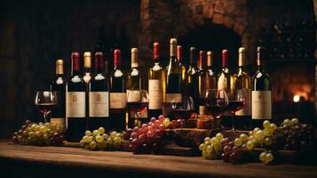 tasty wine arranged on table and the shelf in wine cellar background photo