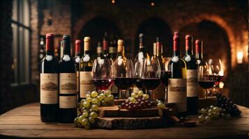 tasty wine arranged on table and the shelf in wine cellar background photo