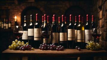 tasty wine arranged on table and the shelf in wine cellar background photo