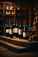 tasty wine arranged on table and the shelf in wine cellar background photo