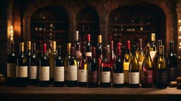 tasty wine arranged on table and the shelf in wine cellar background photo