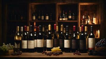 tasty wine arranged on table and the shelf in wine cellar background photo