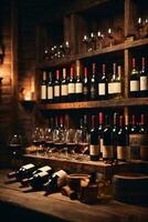 tasty wine arranged on table and the shelf in wine cellar background photo