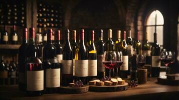 tasty wine arranged on table and the shelf in wine cellar background photo