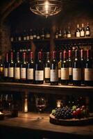 tasty wine arranged on table and the shelf in wine cellar background photo