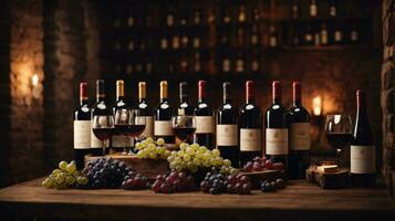 tasty wine arranged on table and the shelf in wine cellar background photo