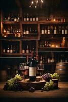 sabroso vino arreglado en mesa y el estante en vino cava antecedentes foto