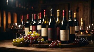 tasty wine arranged on table and the shelf in wine cellar background photo